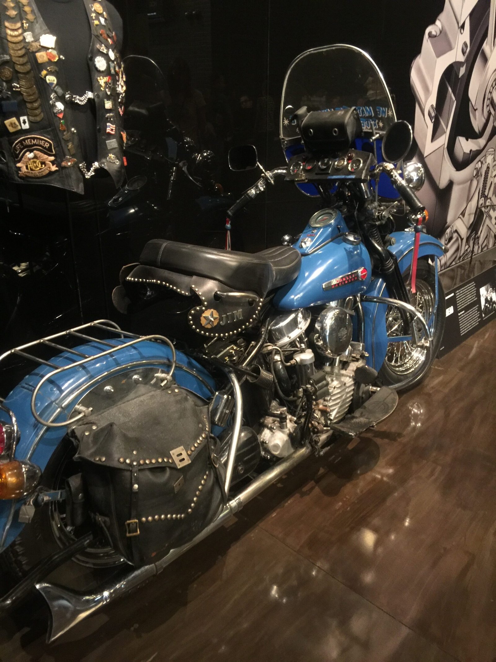 rear view of a pan head motorcycle at the entrance of HD Museum
