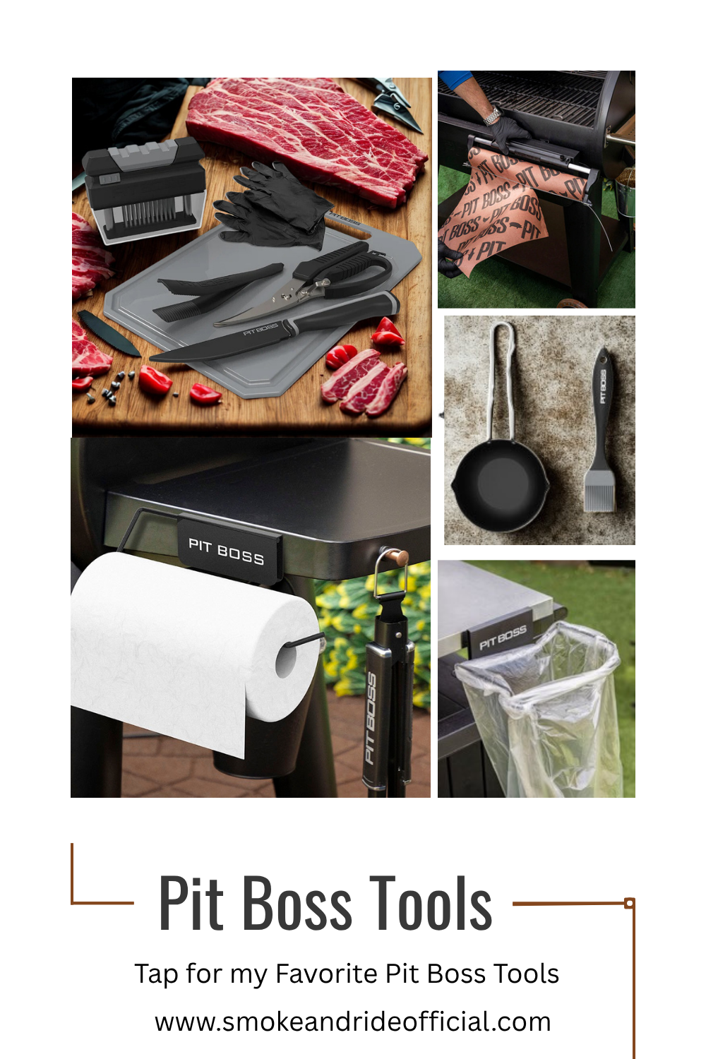 A collage of Pit Boss grilling tools including a meat prep kit, magnetic butcher paper holder, paper towel holder, trash bag holder, and sauce pan with brush — designed for easy outdoor cooking and cleanup.