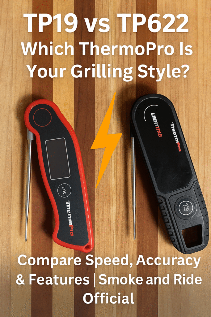 “Side-by-side comparison of ThermoPro TP19 and TP622 Lightning instant-read meat thermometers showing design and feature differences on a wooden background. Branded Smoke and Ride Official.”